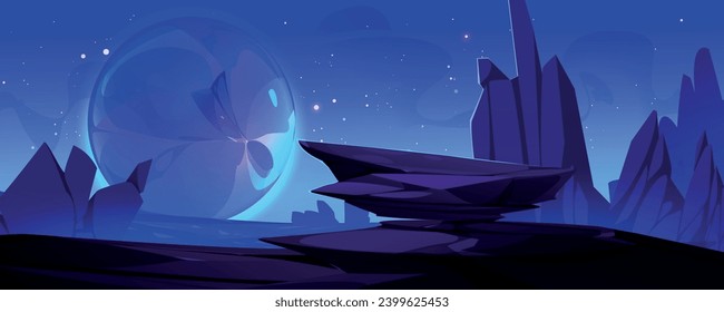 Alien planet landscape at night. Vector cartoon illustration of rocky terrain with stones and craters, neon blue globe on dark horizon, starry sky, space adventure game background, futuristic galaxy