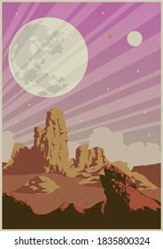 Alien Planet Landscape, Planets and Satellite, Rocks and Desert, Retro Future Space Tourism Poster Background 