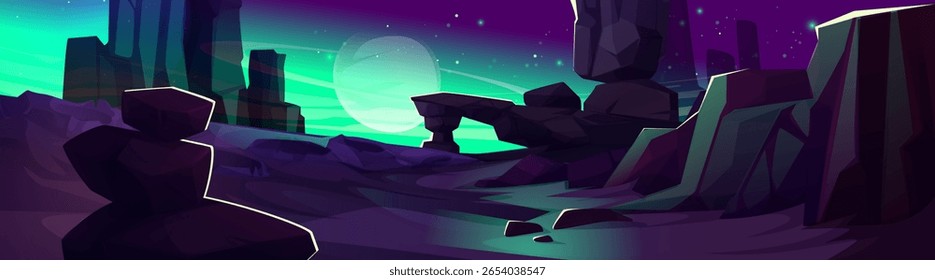 Alien planet landscape with purple rocky terrain, glowing turquoise sky, distant moons, crystalline formations and mystical light beams. Sci fi environment for space exploration games design.