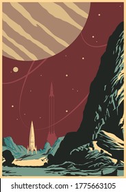 Alien Planet Landscape, Retro Future Space Poster Style, Space Rocket, Mountains, Planet