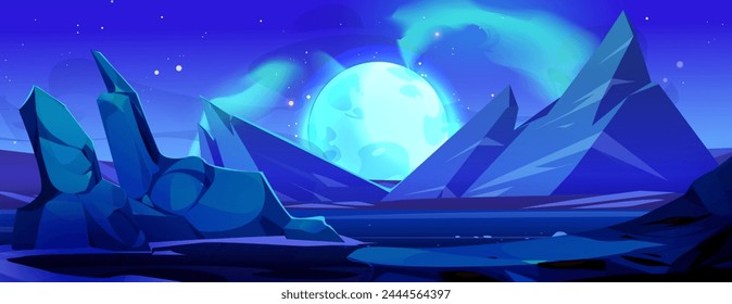 Alien planet landscape with rock mountains and big glow celestial body in sky with light or haze. Cartoon vector game blue outer space ground surface with star or satellite. Fantasy cosmos travel.