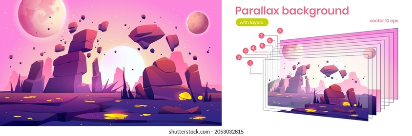 Alien planet landscape with rocks, cracks and glowing spots. Vector parallax background for 2d animation with cartoon fantasy illustration of cosmos with sun and moons and planet surface