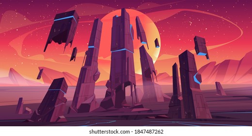 Alien Planet Landscape With Rocks And Futuristic Building Ruins With Glowing Blue Cracks. Vector Cartoon Fantasy Illustration Of Outer Space With Stars, Moon And Planet Surface For Gui Game Design