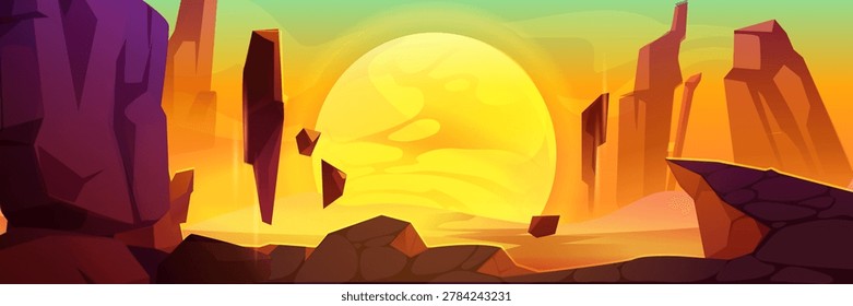 Alien planet landscape with rocky mountains and desert ground surface. Fantasy space vector background for game design. Futuristic scene, cosmic valley with flying rocks, galaxy and sun or moon view.