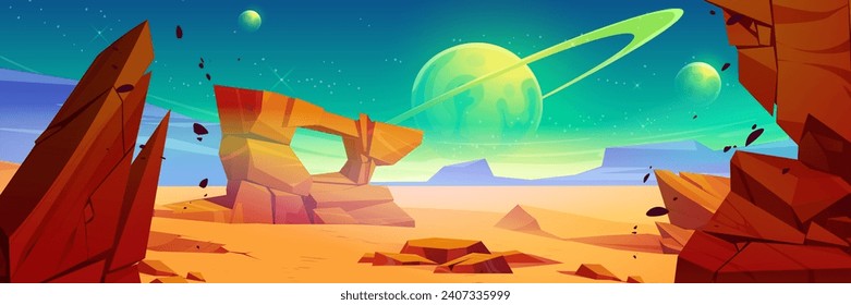 Alien planet landscape with rocky surface. Vector cartoon illustration of yellow and brown space background, stars shimmering in night sky, stones in dry desert, cosmic scenery for adventure game