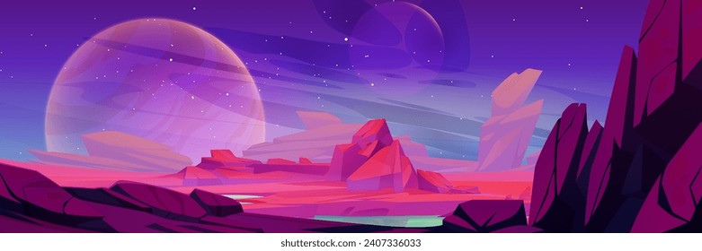 Alien planet landscape with rocky surface and lake. Vector cartoon illustration of pink and purple space background, stars shimmering in night sky, water puddles and stones in martian desert, cosmos