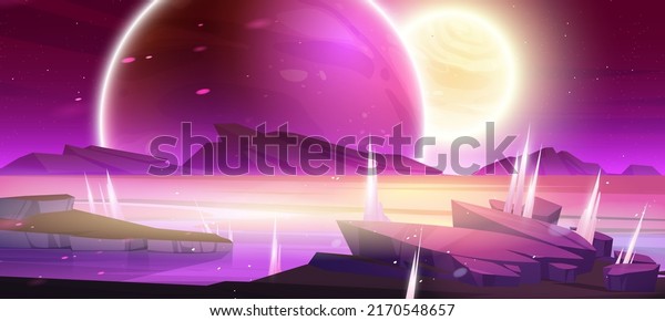 Alien planet landscape, space background\
with rocks and frozen pond under night sky with glowing stars and\
shining Moon sphere. Extraterrestrial cosmic pc game backdrop,\
Cartoon vector\
illustration