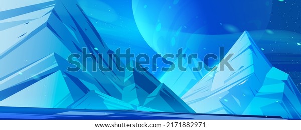 Alien planet landscape, space background\
with frozen ice rocks under night sky with glowing and shining Moon\
sphere. Extraterrestrial cosmic pc game backdrop, Cartoon vector\
illustration