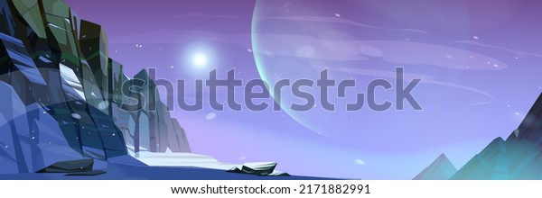 Alien planet landscape, space background\
with rocks, canyon or cliff under night sky with glowing and\
shining Moon sphere. Extraterrestrial cosmic pc game backdrop,\
Cartoon vector\
illustration