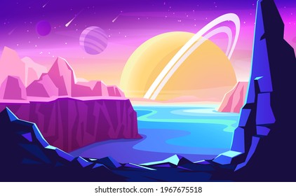 Alien planet landscape. Space colonization panorama. Vector fantasy illustration of cosmos and planet with cracked stone surface, mountains and ocean.