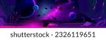 Alien planet landscape for space game background. Fantasy wallpaper with galaxy and planet ground with rocks and lava at night. Cosmic scene of Mars surface and nebula, vector cartoon illustration