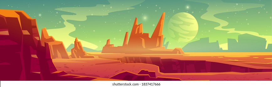 Alien planet landscape for space game background. Vector cartoon fantasy illustration of cosmos and Mars surface with red desert and rocks, satellite and stars in sky