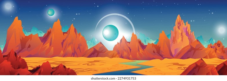 alien planet landscape. Space game background with orange ground, mountains, stars, Saturn and Earth in sky. Space background with landscape of alien planet with craters and lighted crac