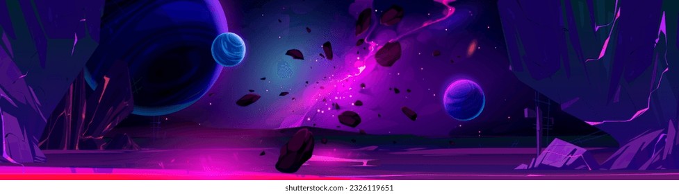 Paisaje del planeta alienígena para el fondo del juego espacial. Papel pintado de fantasía con galaxia y planicie suelo con rocas y lava por la noche. Escena cósmica de la superficie y nebulosa de Marte, ilustración de dibujos vectoriales