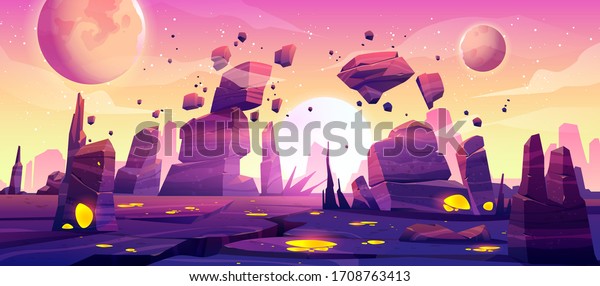 Alien planet\
landscape for space game background. Vector cartoon fantasy\
illustration of cosmos and planet surface with rocks, cracks,\
glowing spots and mist for gui game\
design