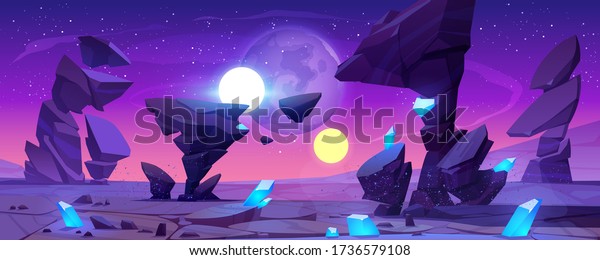 Alien planet\
landscape for space game background. Vector cartoon fantasy\
illustration of cosmos and planet surface with rocks, shiny blue\
crystals, satellites and stars in night\
sky