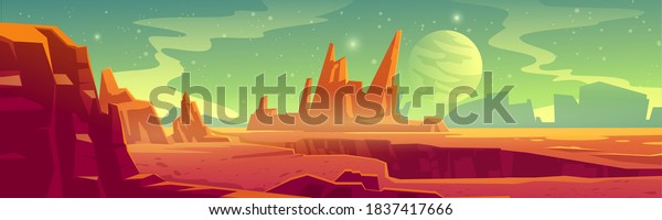 Alien planet landscape for\
space game background. Vector cartoon fantasy illustration of\
cosmos and Mars surface with red desert and rocks, satellite and\
stars in sky