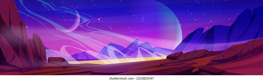 Alien planet landscape and space with moon and stars. Fantasy game scene with planet surface with mountains, fog and starry sky at night, vector cartoon illustration