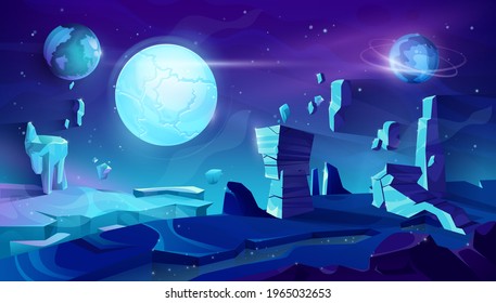 Alien planet landscape, space night vector background with flying rocks, planets in starry sky. Extraterrestrial fantasy view with glowing sparkles, cracked land surface and cartoon cosmic mountains