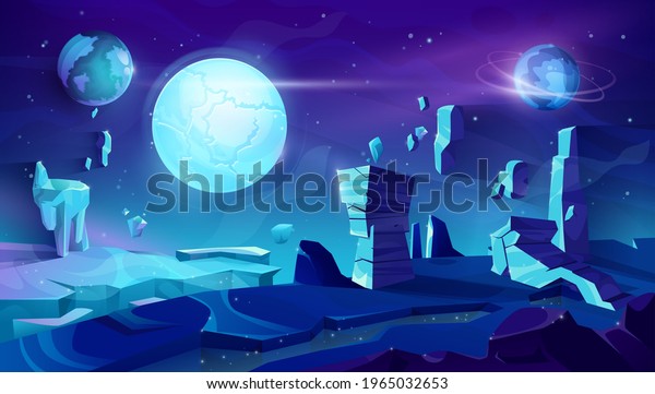 Alien planet landscape, space night vector\
background with flying rocks, planets in starry sky.\
Extraterrestrial fantasy view with glowing sparkles, cracked land\
surface and cartoon cosmic\
mountains