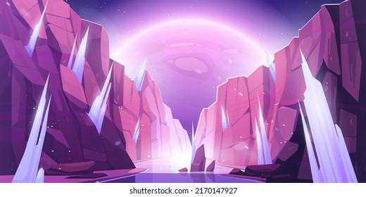 Alien planet landscape, space view from frozen canyon with ice stalagmites and rocks. Cosmic background with glowing sphere in dark starry sky. Fantastic world in cosmos, Cartoon vector illustration