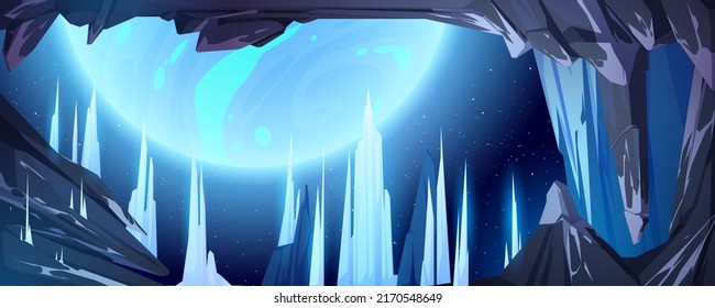 Alien planet landscape, space view from frozen cave with ice stalagmites and rocks. Cosmic background with glowing sphere in dark starry sky. Fantastic world in cosmos, Cartoon vector illustration