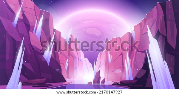 Alien planet landscape, space view from\
frozen canyon with ice stalagmites and rocks. Cosmic background\
with glowing sphere in dark starry sky. Fantastic world in cosmos,\
Cartoon vector\
illustration