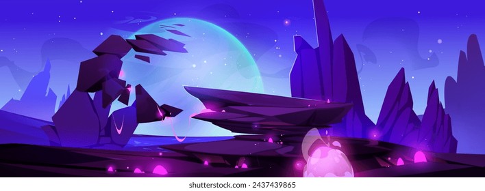 Alien planet landscape. Vector cartoon illustration of space adventure game background with rocky stone terrain, neon pink liquid substance glowing in dark crater, night sky with many stars and moon