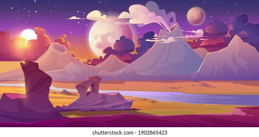 Alien planet landscape with volcano, river, stars and moons in sky. Vector fantasy illustration of planet surface with desert, mountains, smoke clouds from craters. Futuristic background for gui game