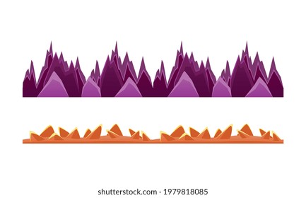 Alien Planet Mountain Landscape Set, Game Level, Fantasy Ground Surface Cartoon Vector Illustration