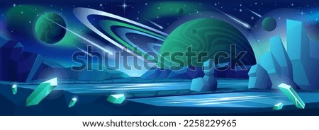 Alien planet in outer space with fantasy landscape vector illustration. Cartoon blue stones, fairy green crystals in ground and mountains, falling comets and Saturn in sky, alien cosmic background