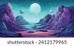 An alien planet outer space landscape cartoon science fiction futuristic fantasy video game background. Seamlessly tilable horizontal tile pattern.