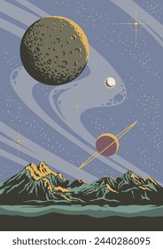 Alien Planet Panorama, Extraterrestrial Landscape, Mountains, Craters, Saturn, Planets, Outer Space Illustration 