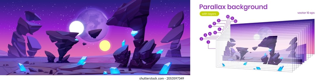 Alien Planet Parallax Background For Space Game, Extraterrestrial 2d Landscape With Rocks, Crystals, Two Suns On Purple Sky. Cartoon Animation Scene View With Separated Layers, Vector Illustration