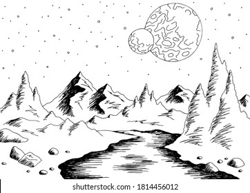 Alien planet river graphic black white space landscape sketch illustration vector