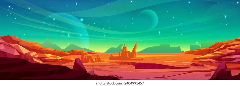 Alien planet scenery with red terrain under nighttime sky with stars and celestial bodies. Cartoon fantasy cosmos landscape with rocks, hills and cracks. Fantastic ground surface of open space planet.