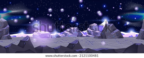 Alien planet seamless landscape, vector game
background, asteroid rock surface, space sky, stars. Moon stones
view, futuristic purple illustration, cosmic sci-fi neon backdrop.
Alien planet concept