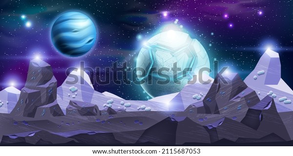 Alien planet space landscape, vector galaxy universe\
game background, ice moon, night sky, stars. Purple rock surface,\
cosmic stone, fantastic neon wallpaper, asteroid ground. Alien\
planet banner 