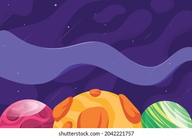 Alien planet in strange galaxy illustration vector background. Orbit and meteor.