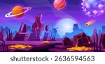 Alien planet surface. Cartoon planets game landscape in outer space background, fantasy earth cosmos 2d videogame universe gaming level astronomy scene, swanky vector illustration original artwork