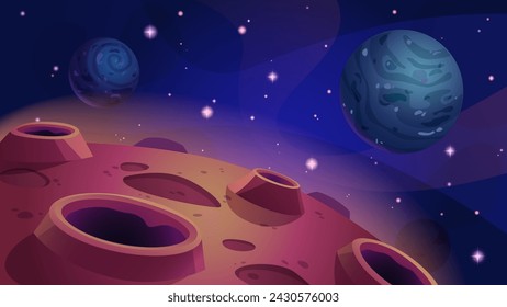 Alien planet surface with craters on background of dark blue cosmos sky with space bodies. Cartoon vector illustration of cosmic landscape. Fantasy universe object scenery for exploration concept.