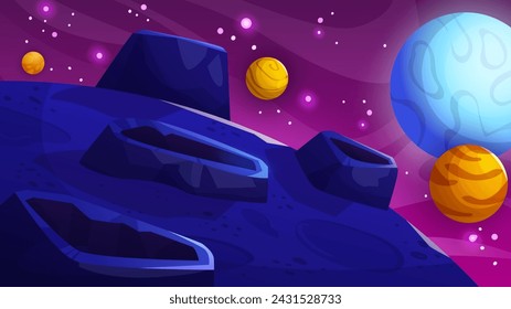 Alien planet surface with craters on background of deep cosmos sky with space bodies. Cartoon vector illustration of cosmic landscape. Fantasy universe object scenery for exploration concept.