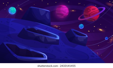 Superficie de planeta alienígena con cráteres en el fondo del cielo profundo del cosmos con cuerpos espaciales. Ilustración vectorial de dibujos animados de paisaje cósmico. Escenario de objeto de universo de fantasía para concepto de exploración.