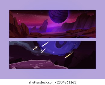 Alien planet surface, futuristic landscape background with glowing moon or satellite above rock cliff in dark starry sky. Fantasy mountains, book or computer game scene, Cartoon vector illustration
