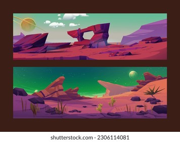 Alien planet surface, futuristic landscape background with glowing moon or satellite above rock cliff in dark starry sky. Fantasy mountains, book or computer game scene, Cartoon vector illustration