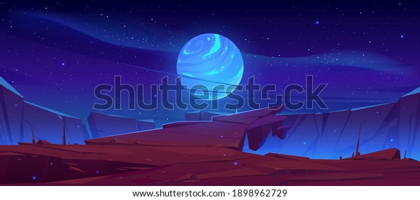 Alien planet surface, futuristic landscape\
background with glowing moon or satellite above rock cliff in dark\
starry sky. Fantasy mountains, book or computer game scene, Cartoon\
vector illustration