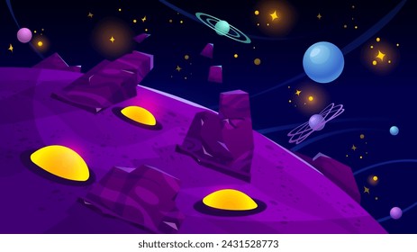 Superficie del planeta alienígena para el diseño de la interfaz del juego. Ilustración vectorial de dibujos animados de paisaje del espacio exterior con cajas de neón amarillo, piedras rocosas, estrellas brillantes y asteroides que vuelan en el cielo nocturno, exploración del cosmos