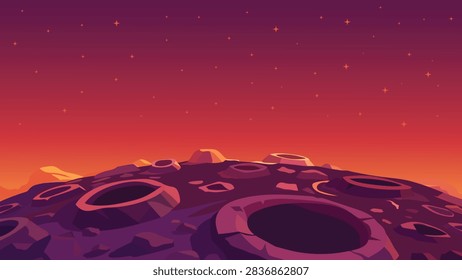 Alien Planet Surface Landscape Flat Vector Background With Craters And Sunset Sky