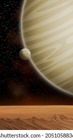 Alien planet surface landscape with a view of the gas giant, vector background. 