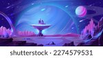 Alien planet surface with neon color stones and meteor shower in night sky. Vector cartoon illustration of space adventure game background with stone platform, stars and asteroids flying in cosmos